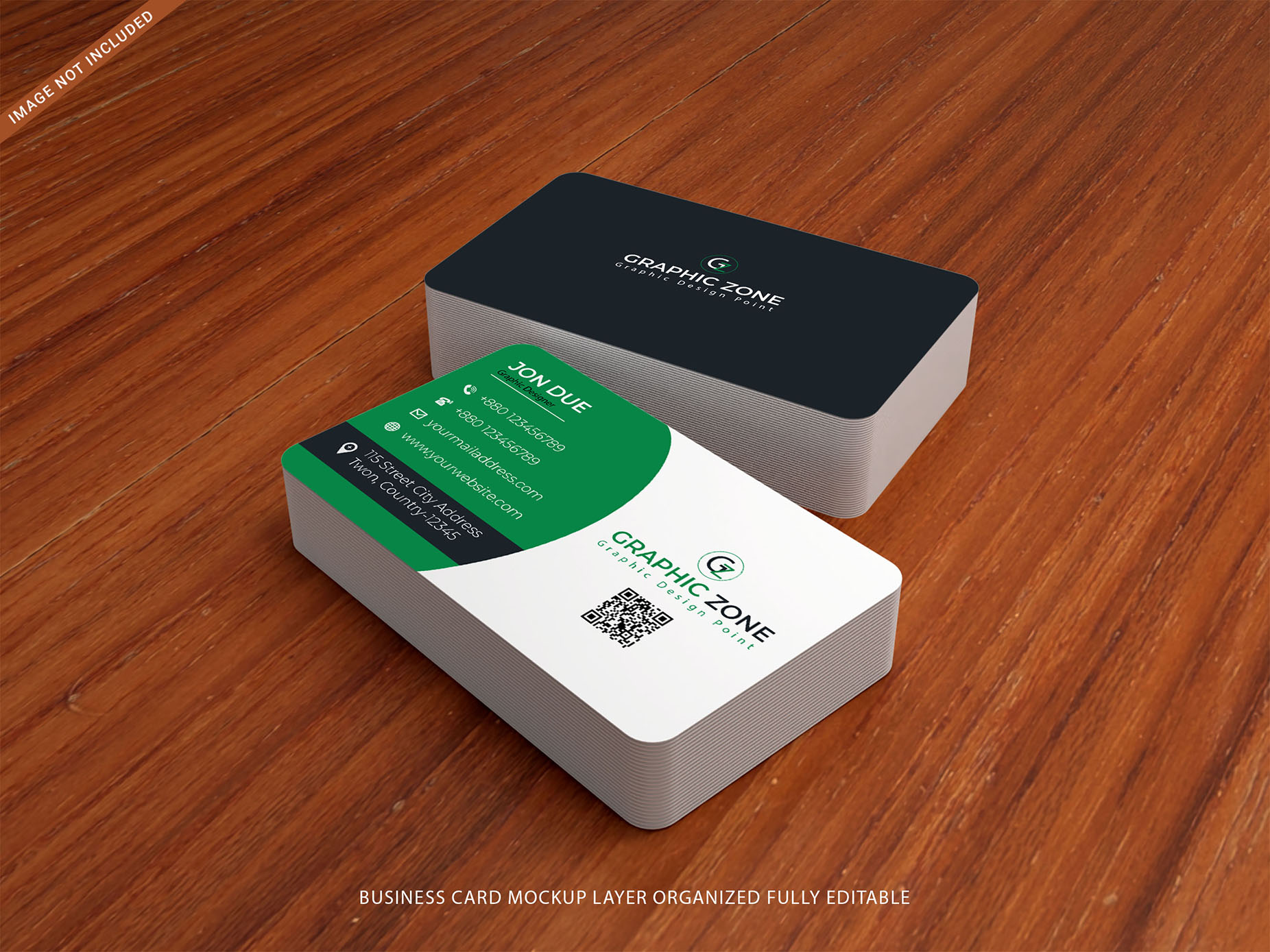Green and white business cards.