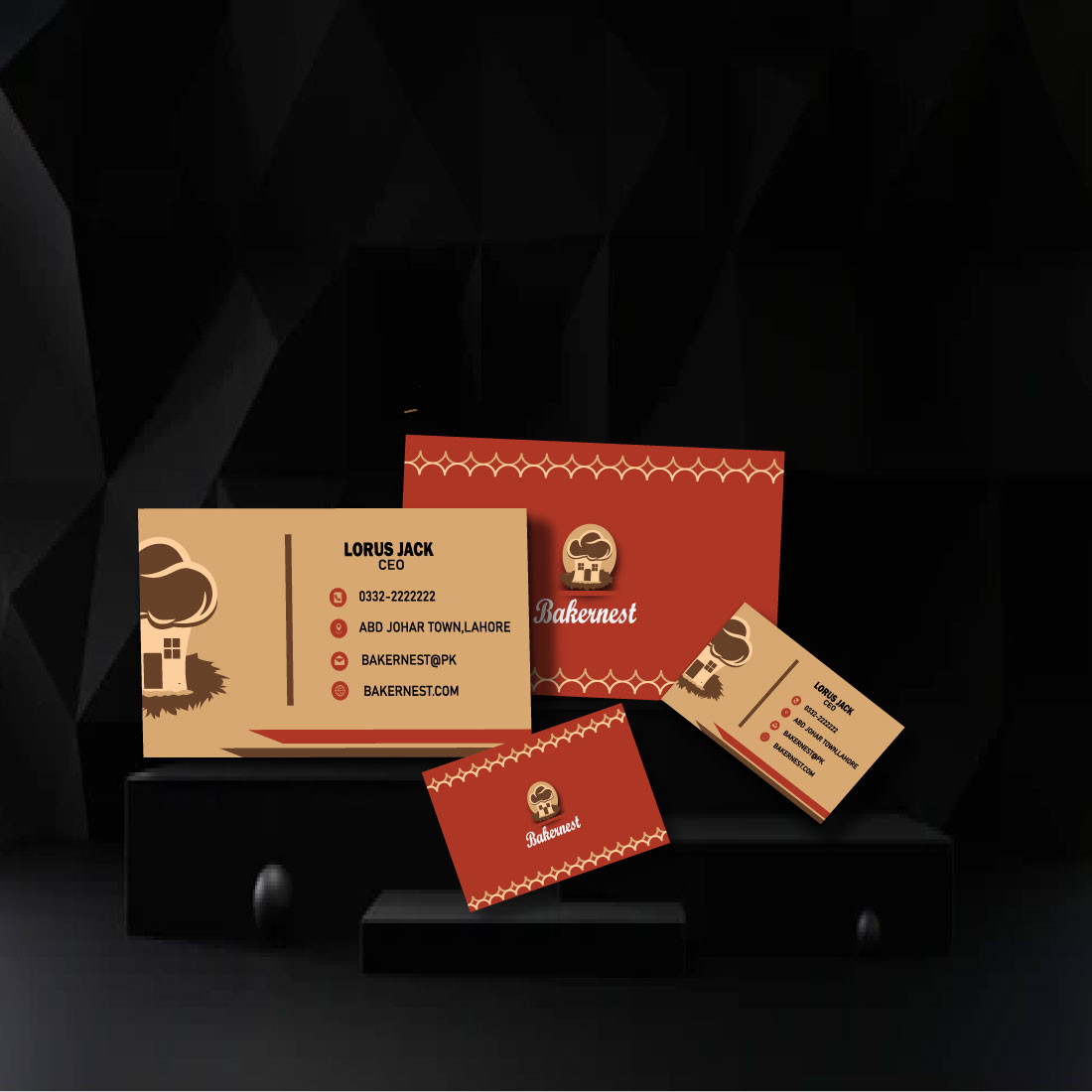 Bakernest Double Sided Business Card mockup preview with black background.