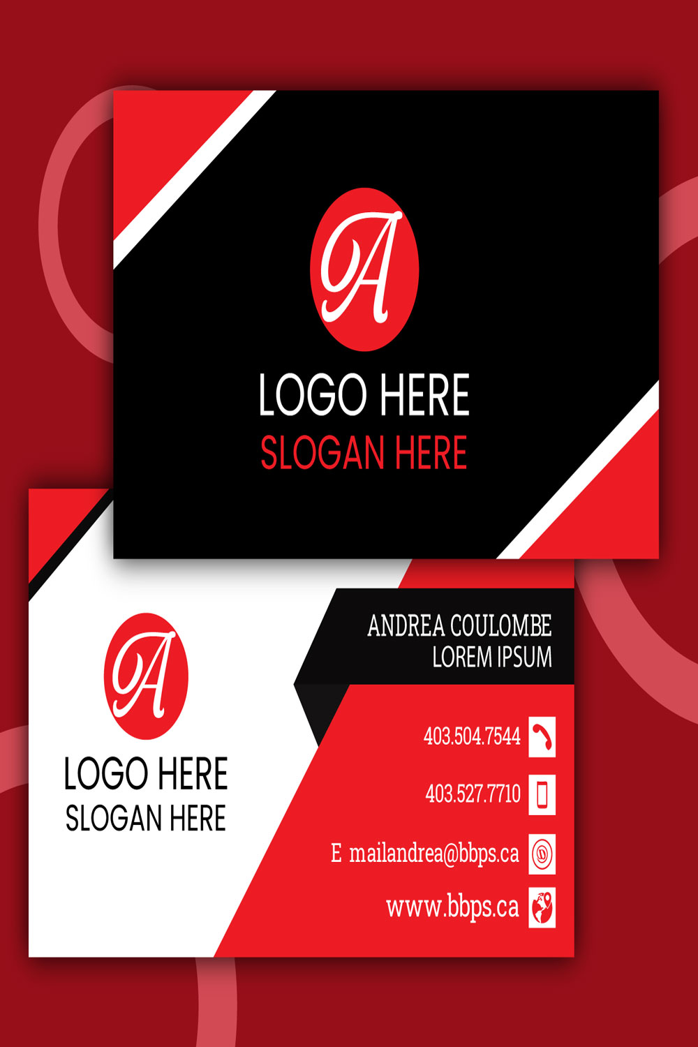 Stylish Business Card Black and Red Design pinterest image.