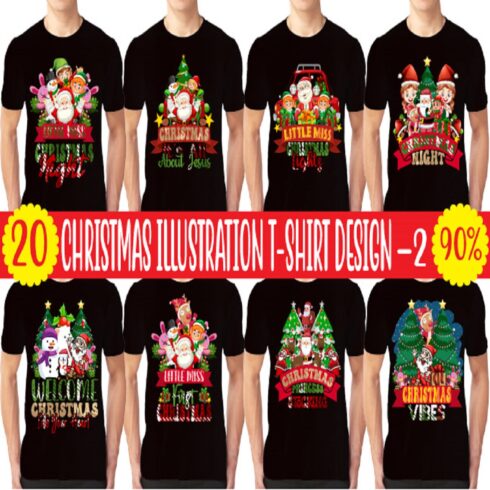 Collection of images of T-shirts with colorful prints on the theme of Christmas.