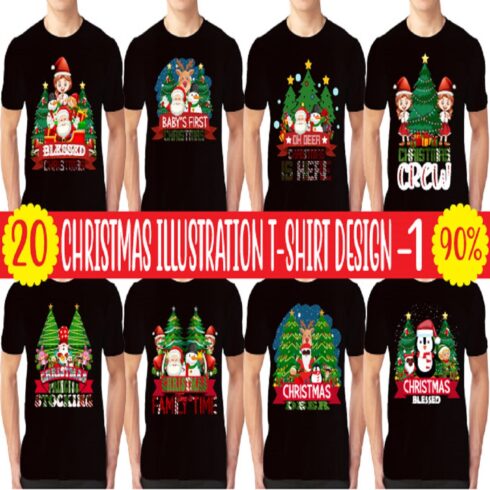Set of images of t-shirts with charming prints on the theme of Christmas.