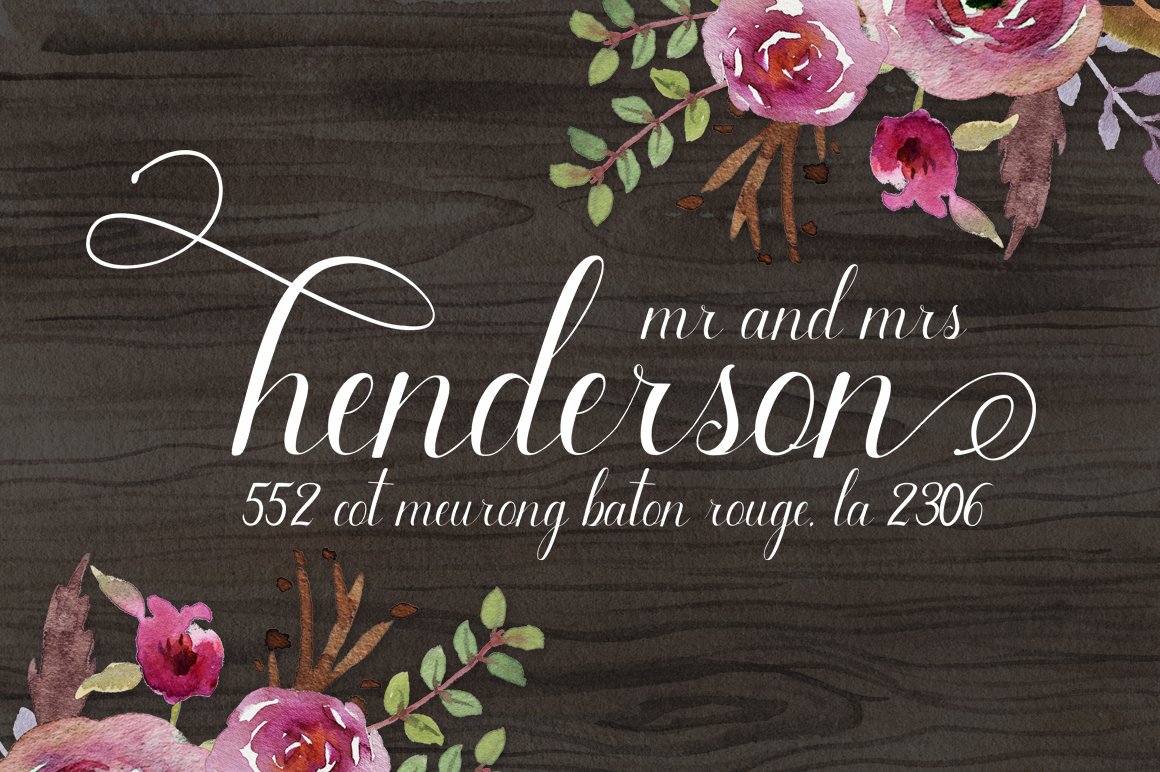White lettering "Mr and Mrs Henderson" on a wooden background with flower illustrtaions.