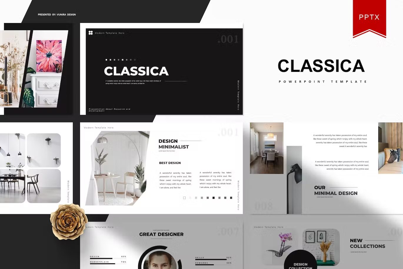 Black lettering "Classica Powerpoint Template" and different templates on a gray background.