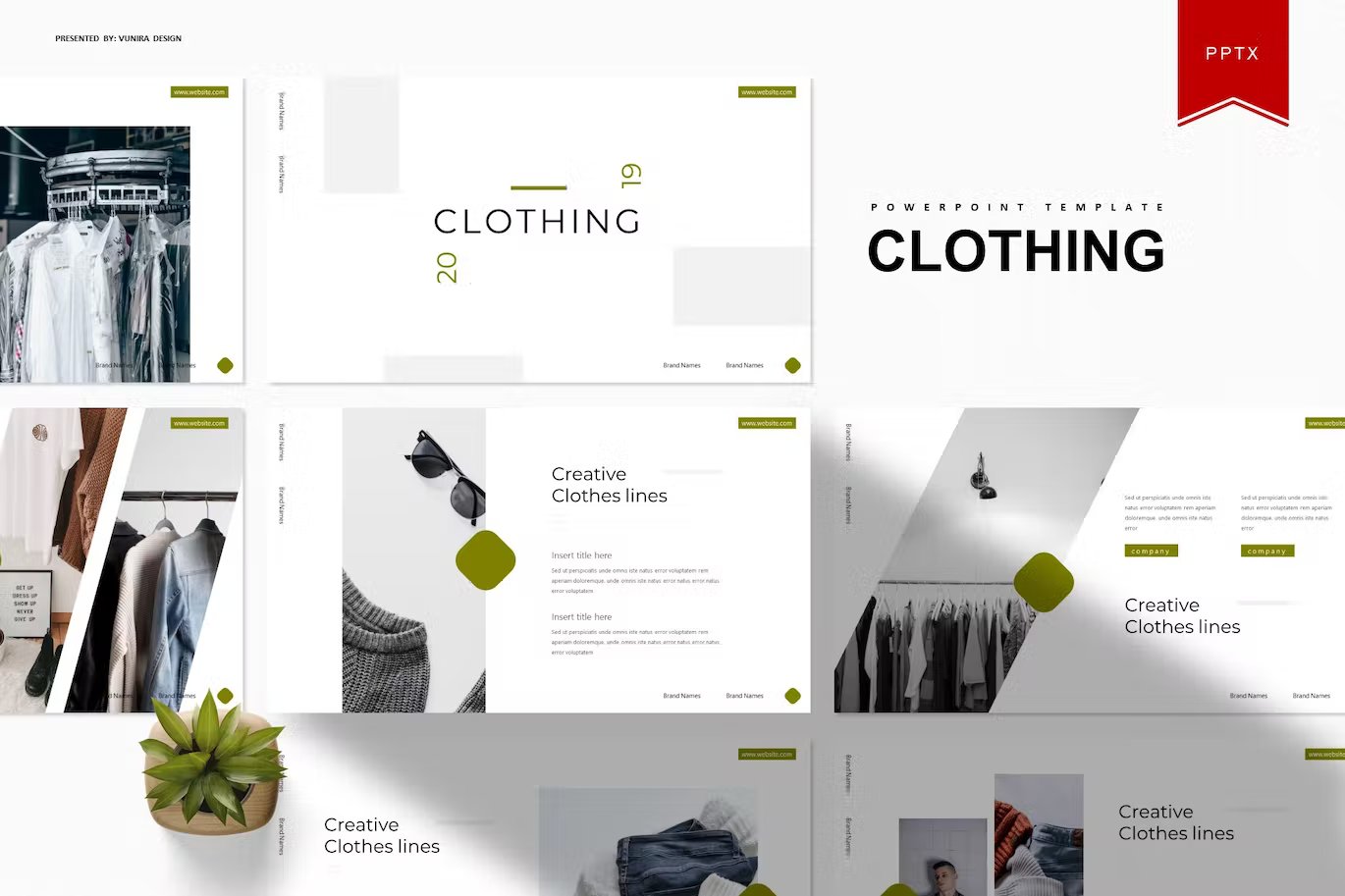 Black lettering "Clothing Powerpoint Template" and different templates on a gray background.