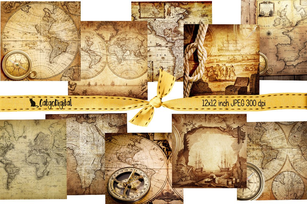 A set of 10 different vintage maps background papers on a white background.