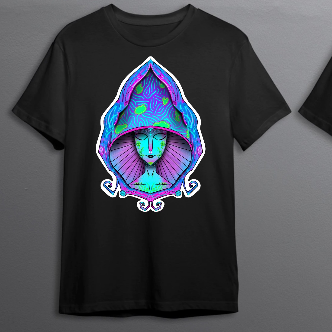 Black t-shirt with a purple psychedelic print.