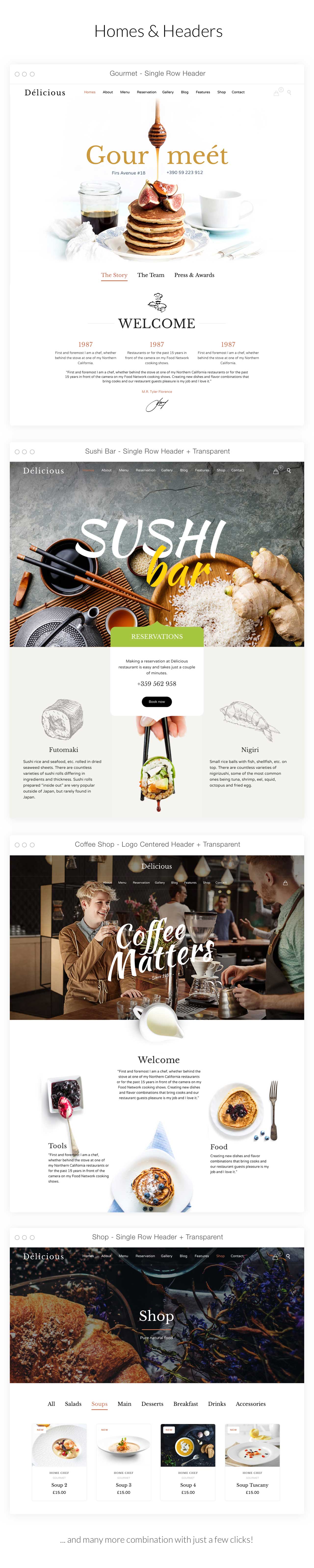 A selection of unique restaurant-themed WordPress template pages.