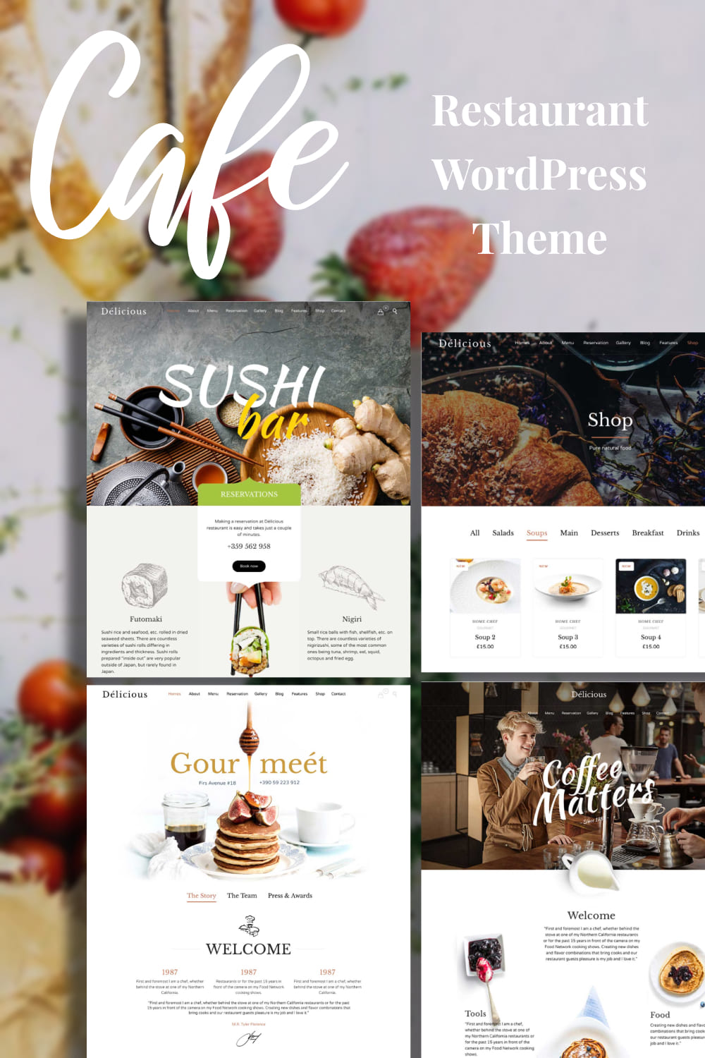A collection of amazing restaurant themed WordPress template pages.