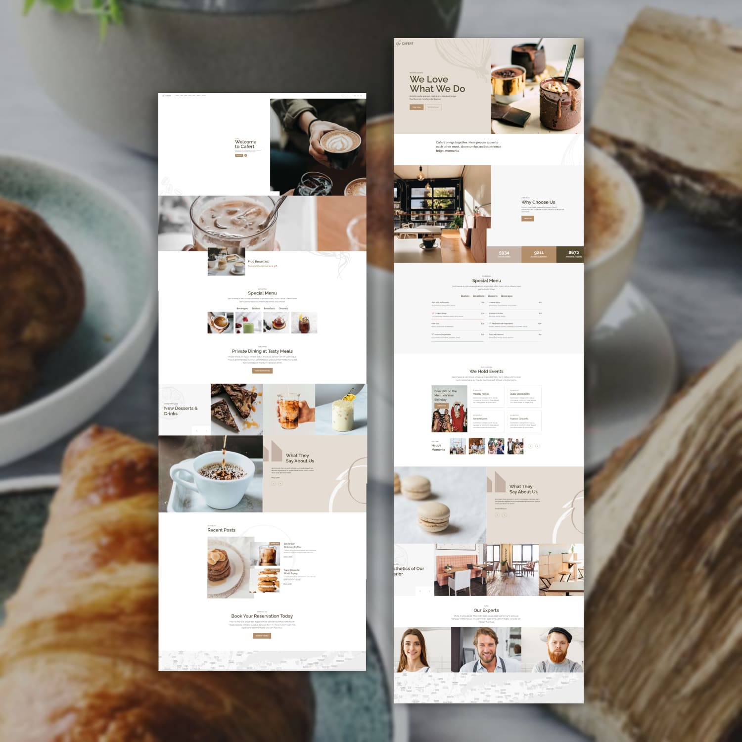 A selection of beautiful pages of the WordPress template on a restaurant theme.