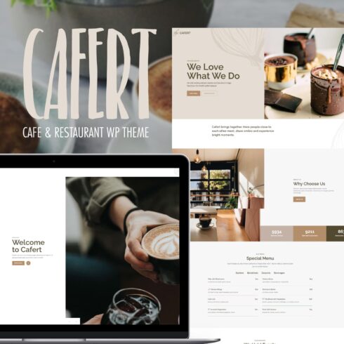 A pack of colorful pages of a restaurant-themed wordpress template.