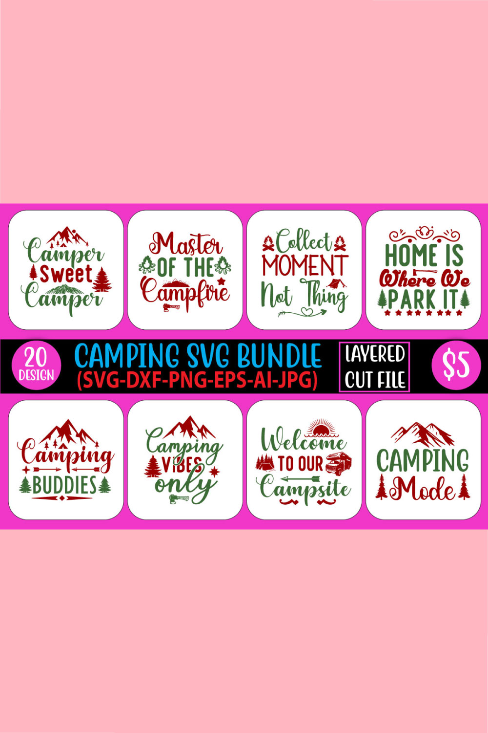 Bundle of irresistible images for prints on the theme of camping.