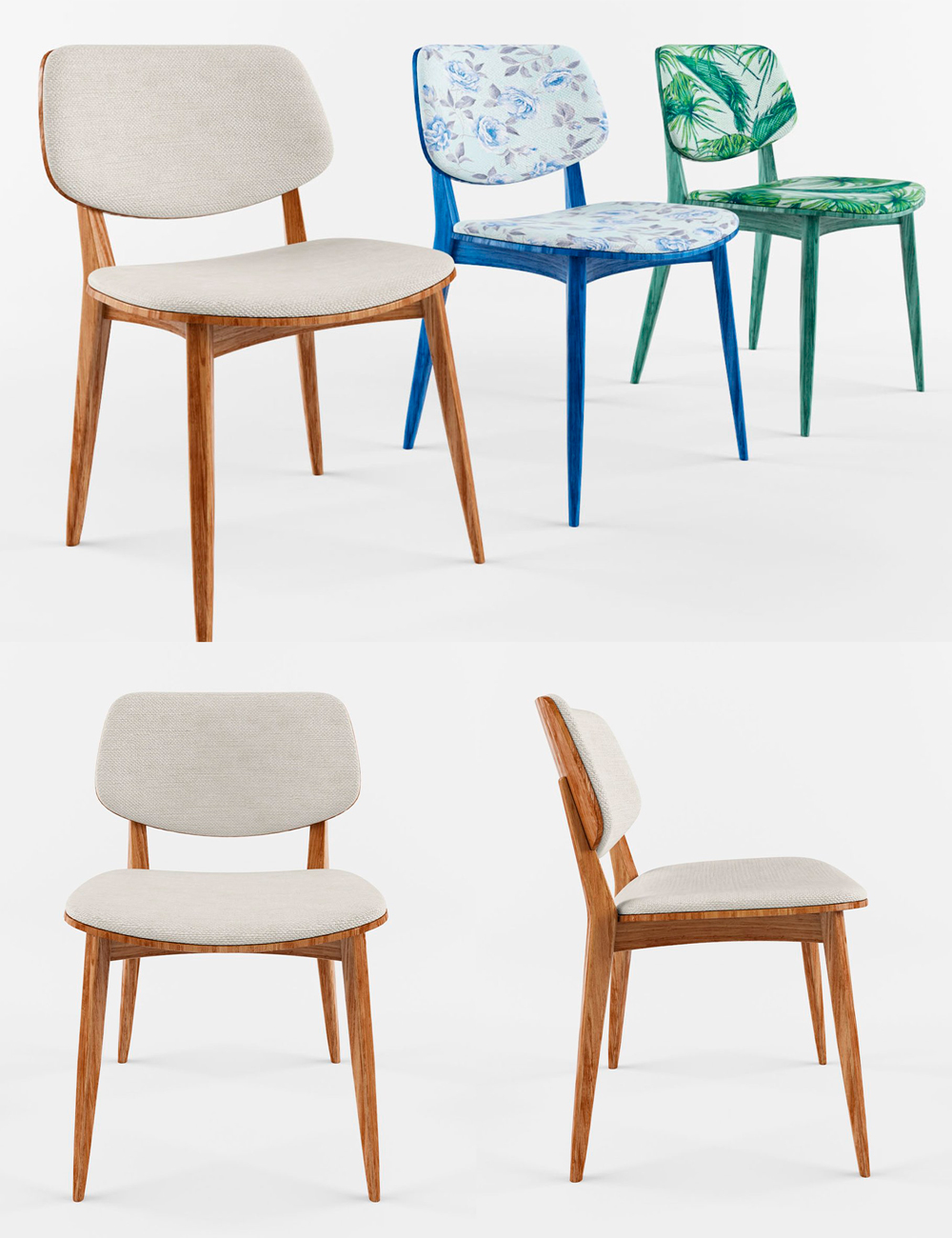 Rendering of a unique 3d model of chairs in various colors