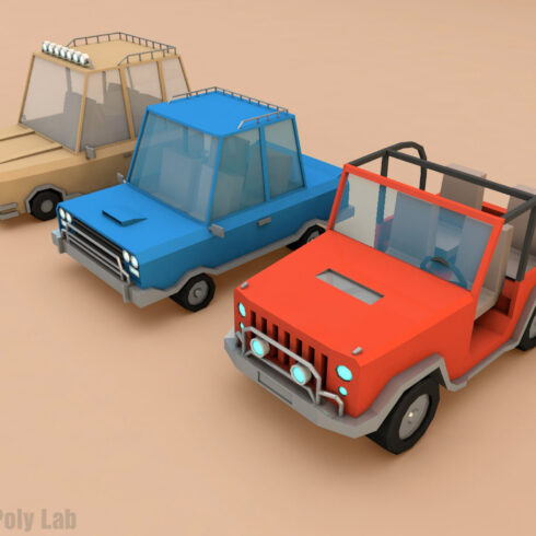 Cartoon Car Set Low Poly 3D Model.