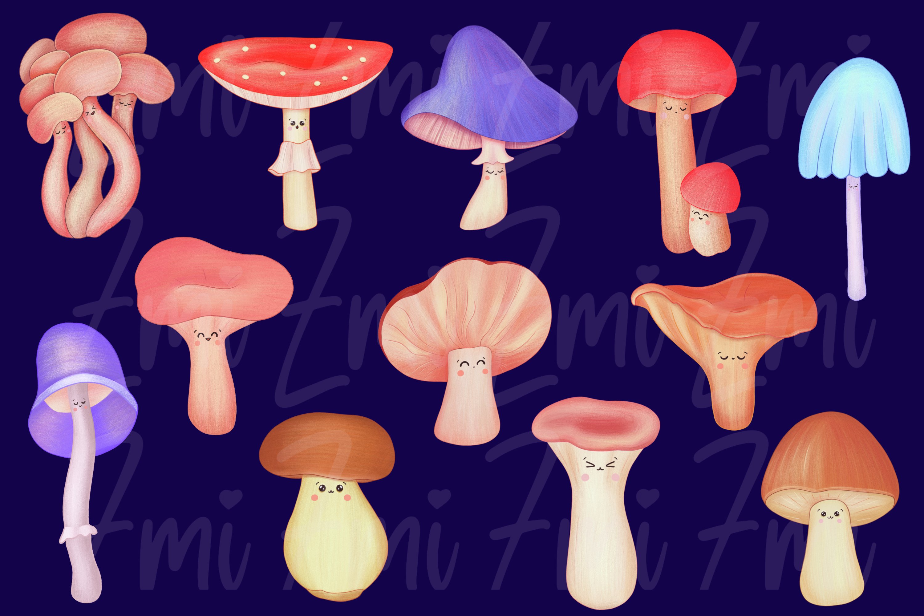 A set of different cartoon mushrooms illustrations on a blue background.