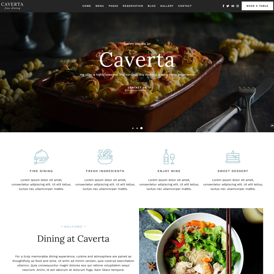 An image of an adorable restaurant-themed WordPress theme page.