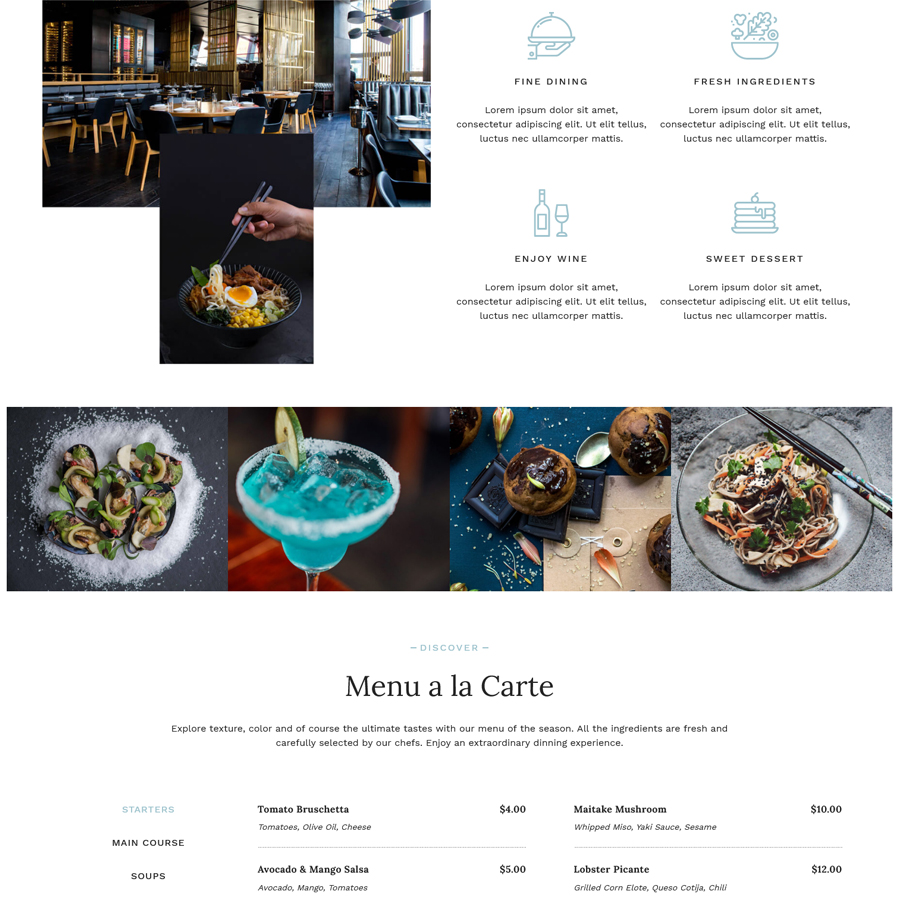 An image of a gorgeous WordPress theme page with a restaurant theme.
