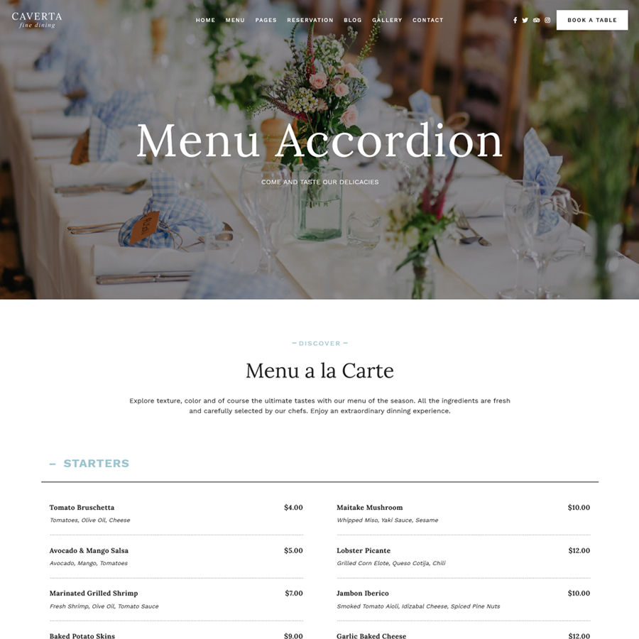 An image of an enchanting page with a menu of the WordPress theme on a restaurant theme.