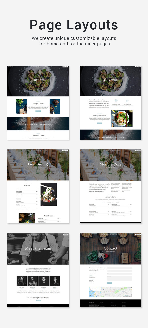 A pack of amazing images of WordPress pages on a restaurant theme.