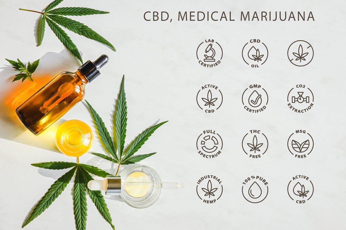 CBD, medical marijuana icons set on the background of marijuana.