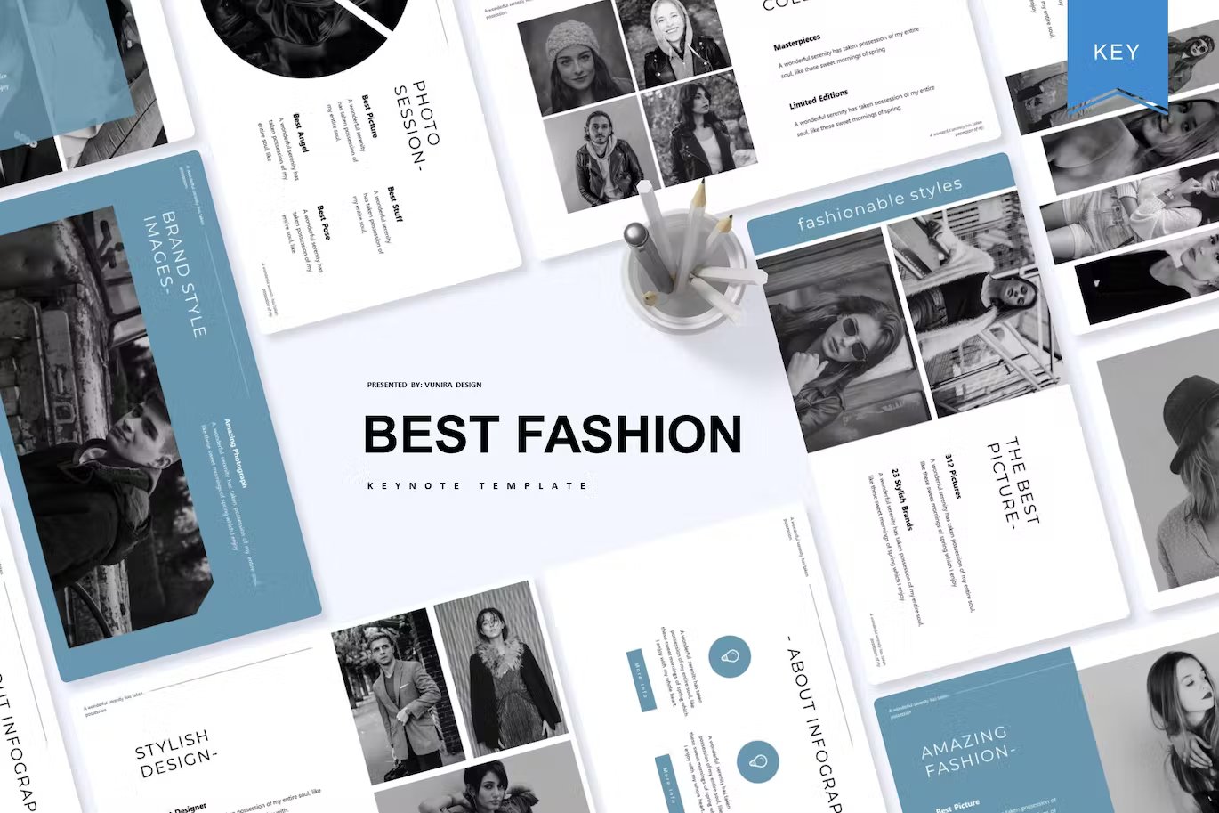 Black lettering "Best Fashion Keynote Template" and different templates on a gray background.