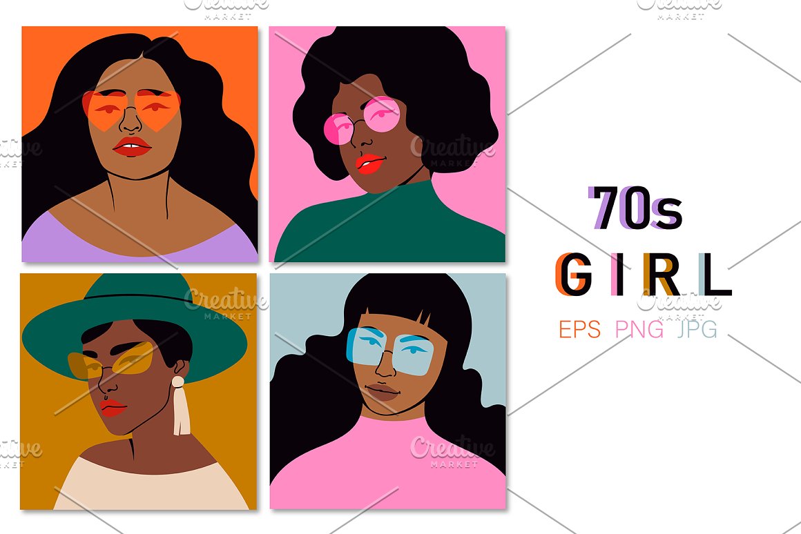 Neon and black lettering "70s Girl" and 4 illustrations of cool girls on a white background.