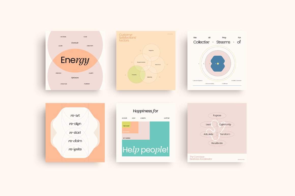 6 different templates of chart framework on a pink background.