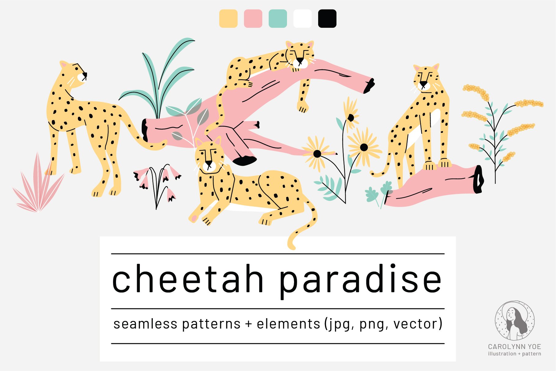 Colorful cheetah paradise illustration.