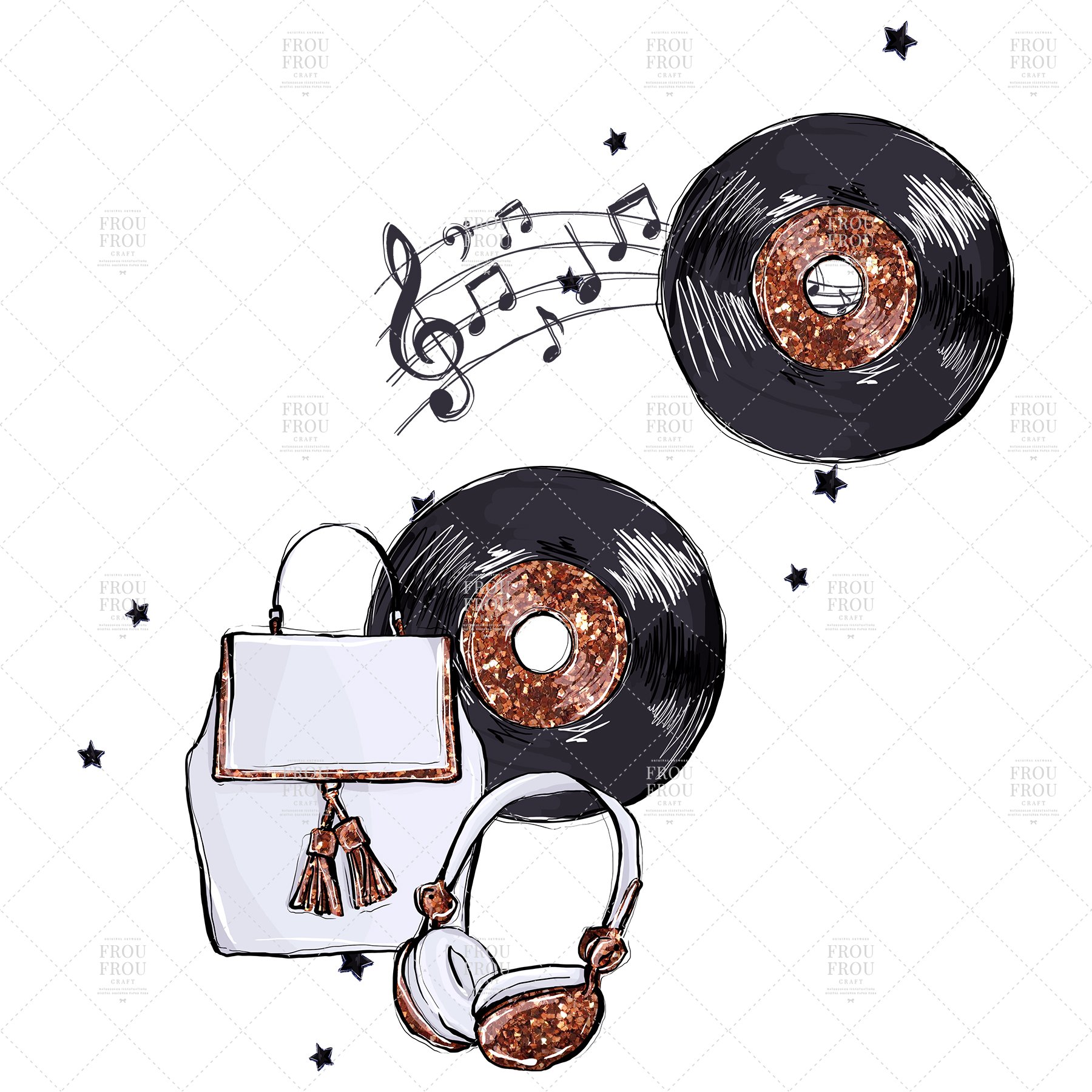 Two vinyl disks and notes lines with glitter.