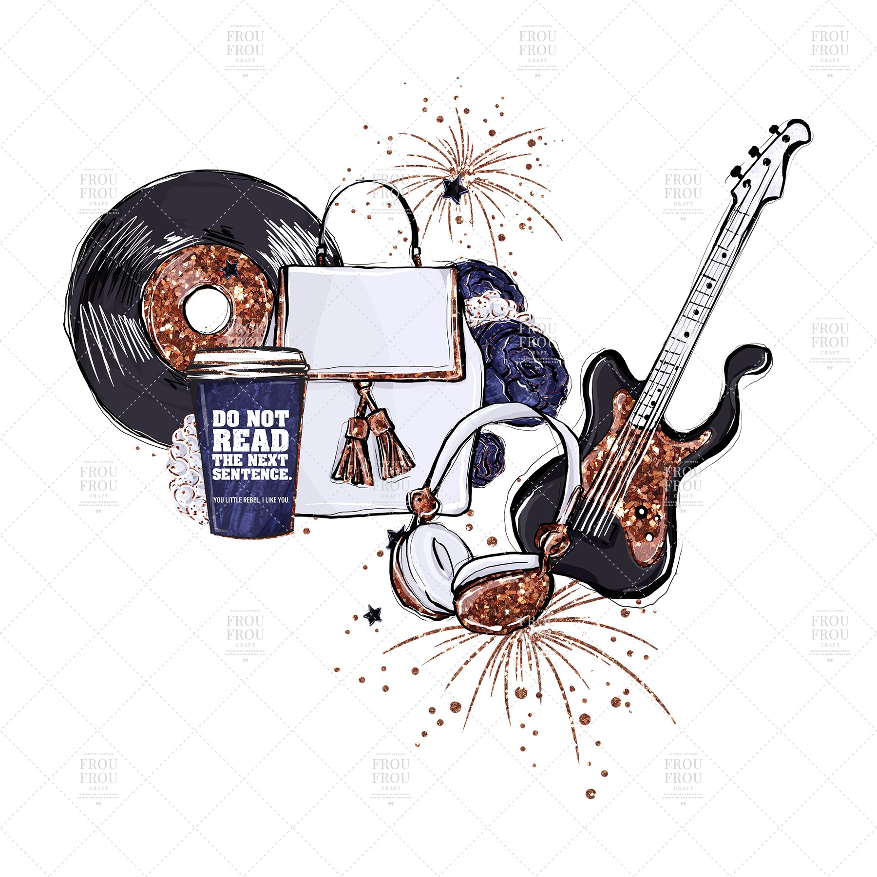 Stylish illustration with a vinyl disk, guitar, headphones and cup of coffee.