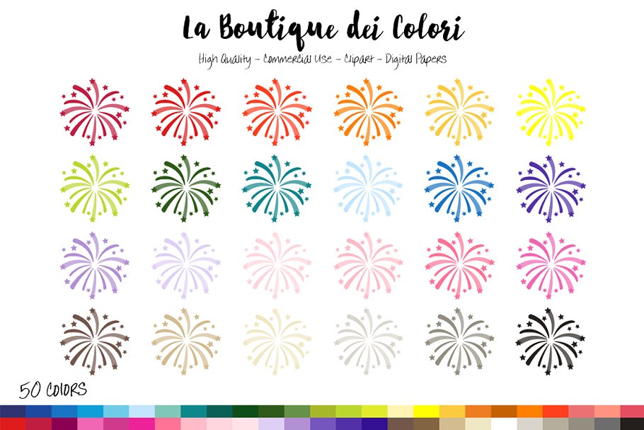 Cover image of 50 Rainbow Fireworks Clip Art.