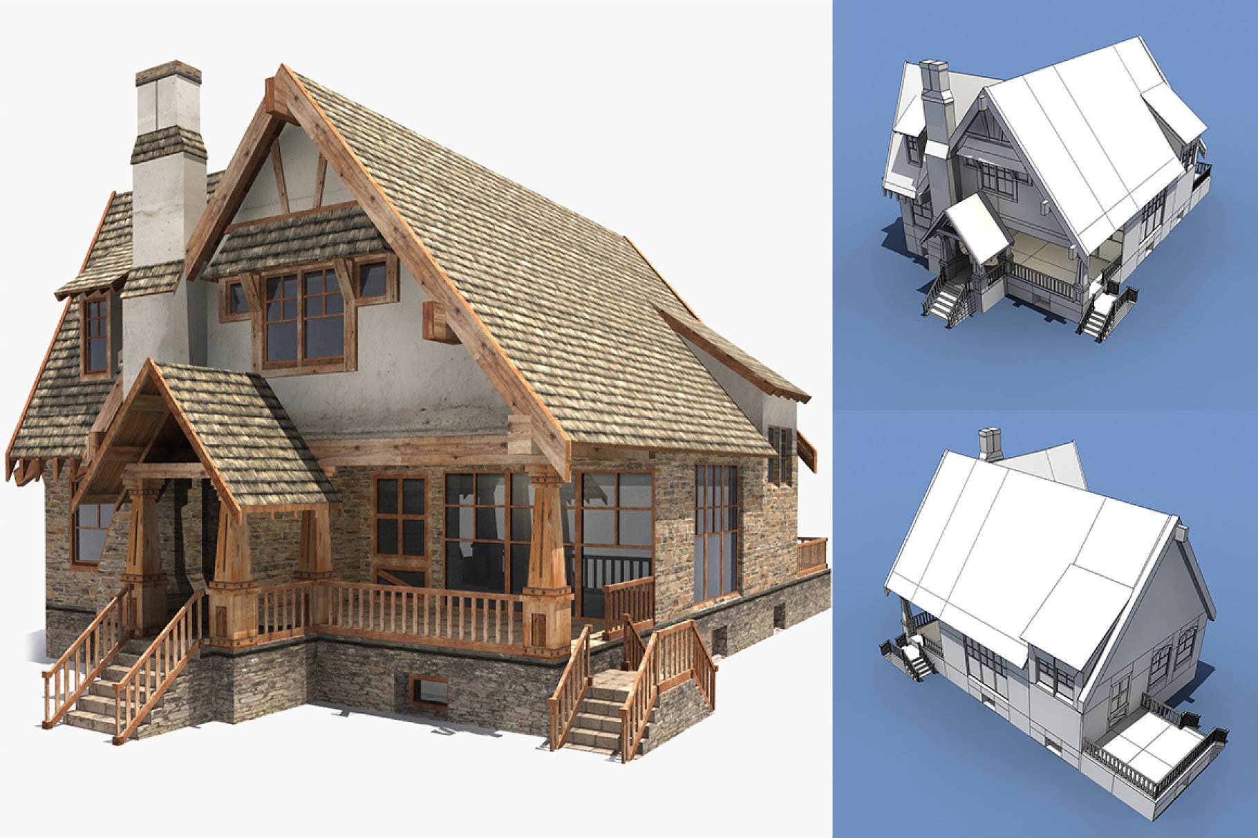 3 example of low poly house color and graphic mockups.