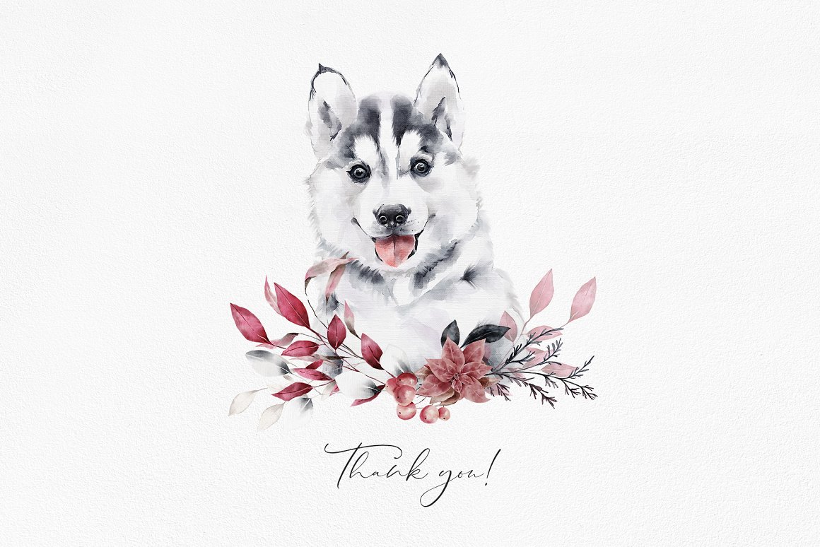 Black lettering "THank you!" and watercolor illustration of a winter dog on a gray background.