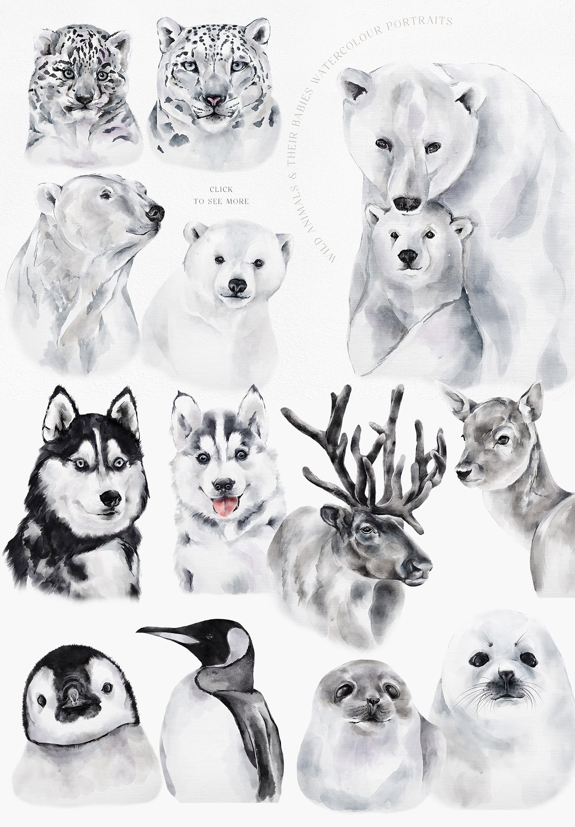 A set of different watercolor illustrations of winter animals on a gray abckground.