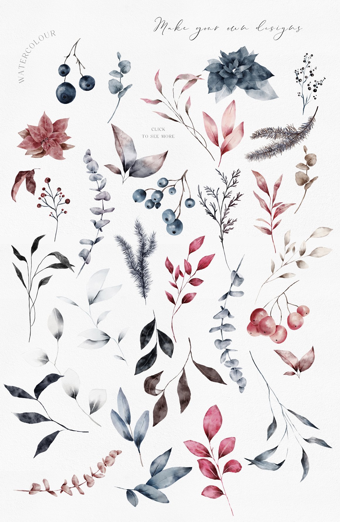 Clipart of different illustrations of winter botanicals.