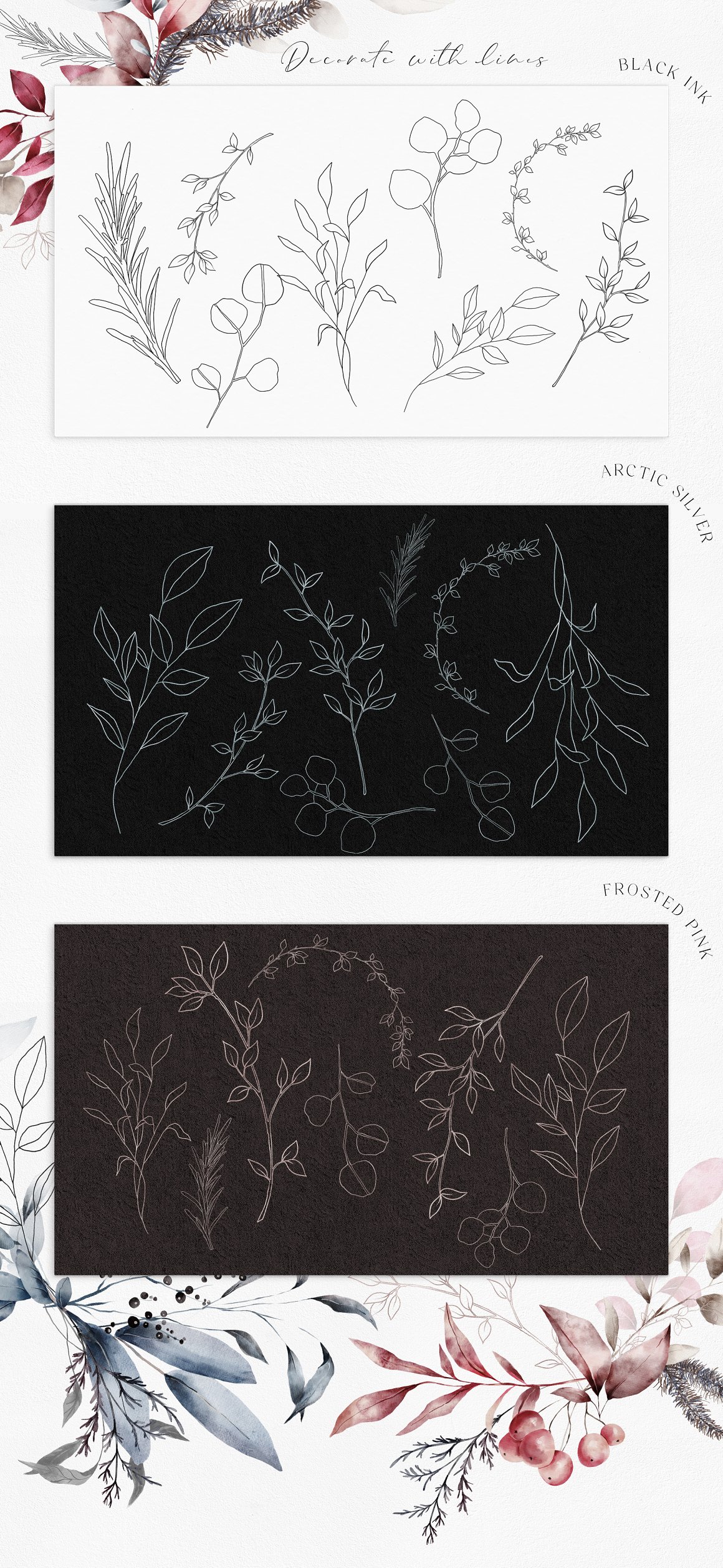 3 preview of illustrations of winter compositions in white and black.
