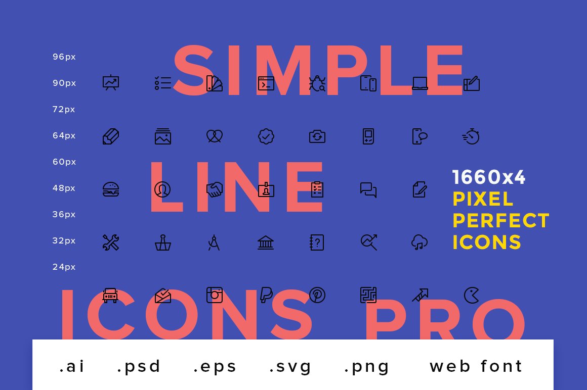 Red lettering "Simple Line Icons Pro" on a blue background with different black icons.