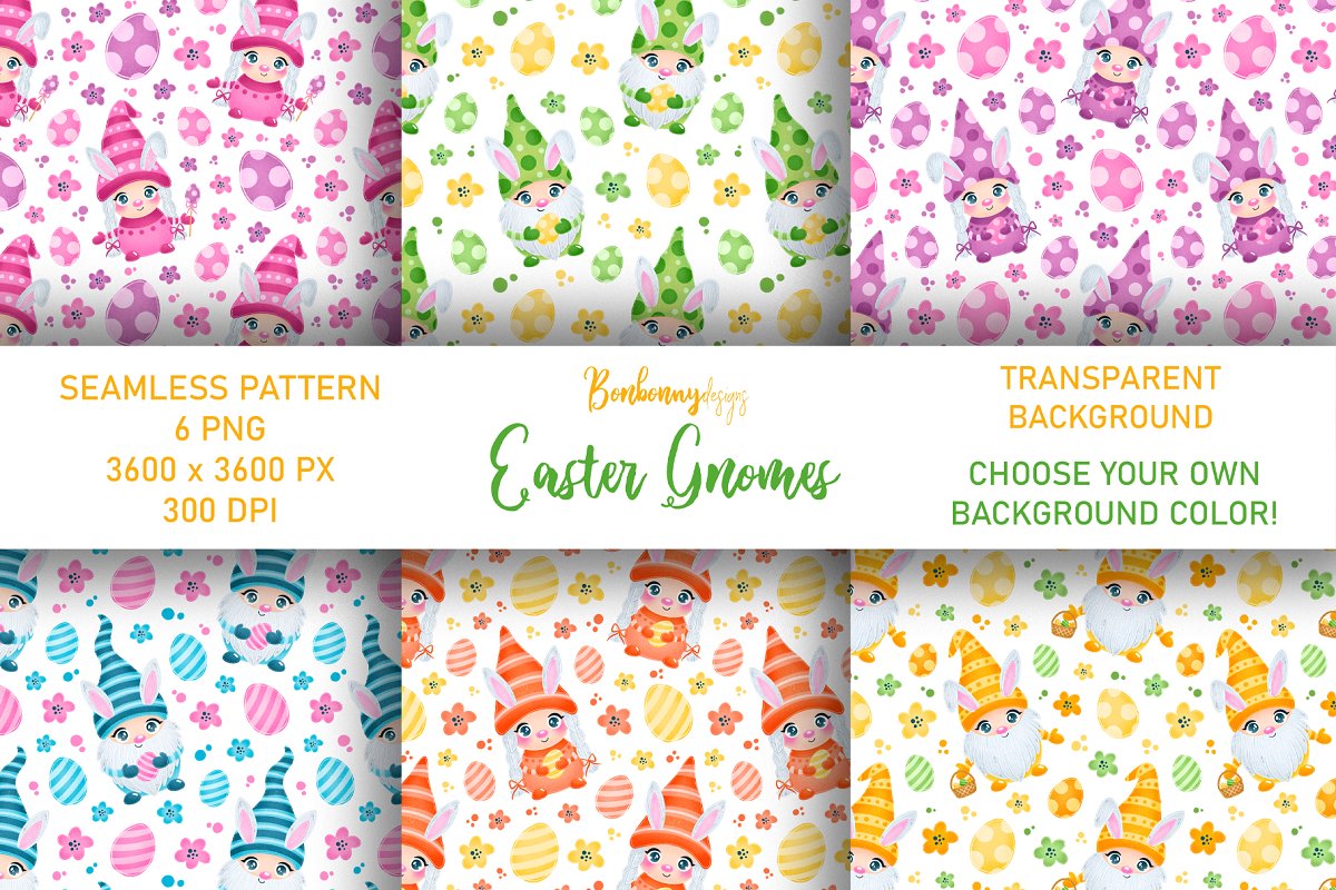 Cover image of Easter Bunny Gnomes Seamless Pattern.