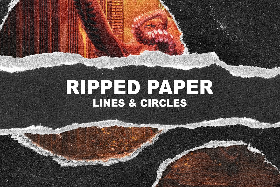 White lettering "Ripped Paper Lines & Circles" in ripped paper line on the black background with picture in ripped paper circles.
