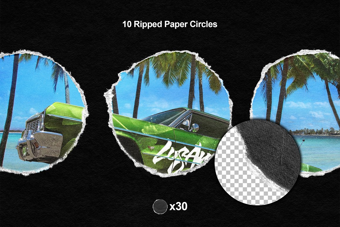 Image of green car in 3 ripped paper circles on a black background.