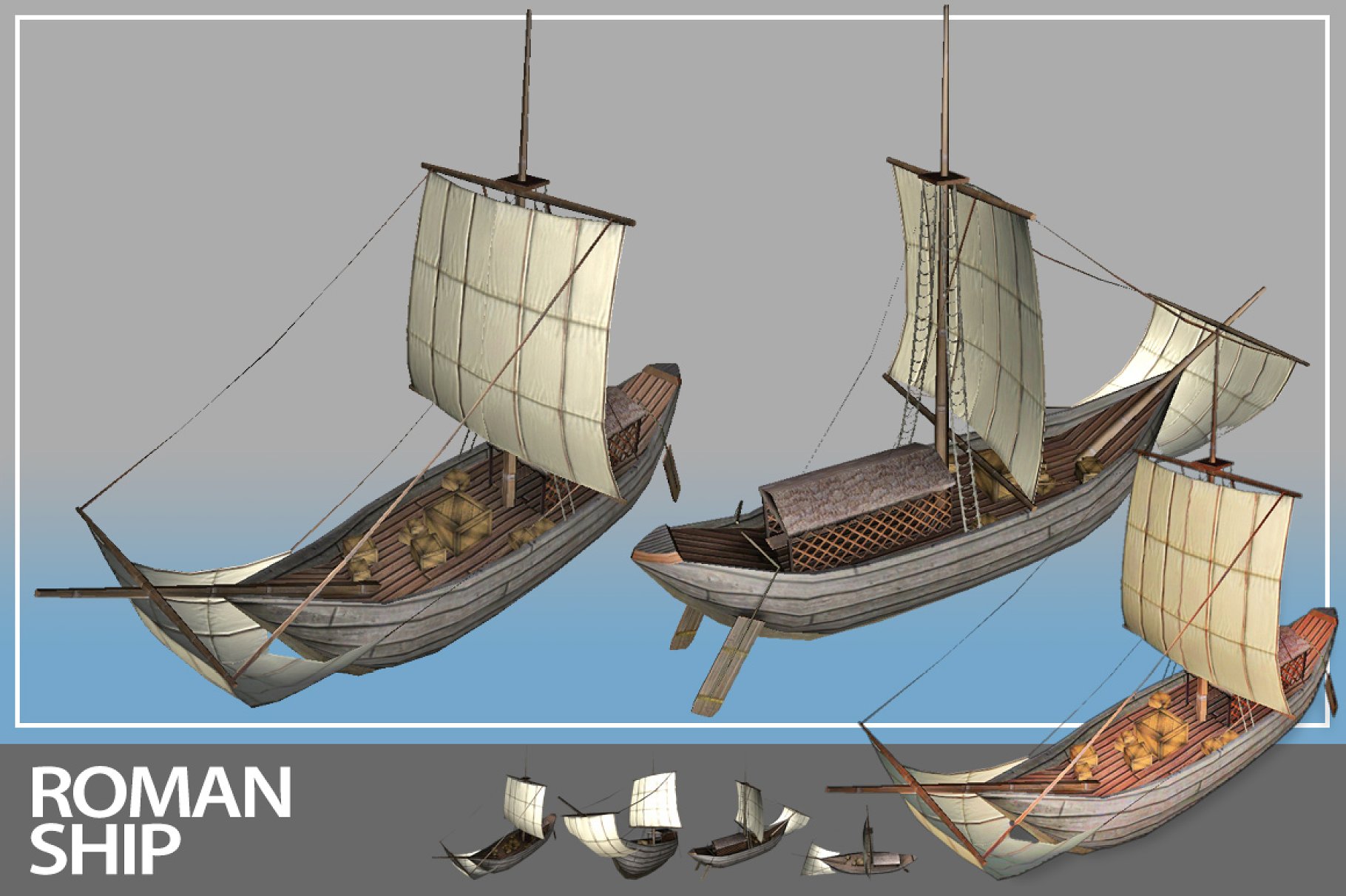 White lettering "Roman Ship" and different mockups of roman ship.