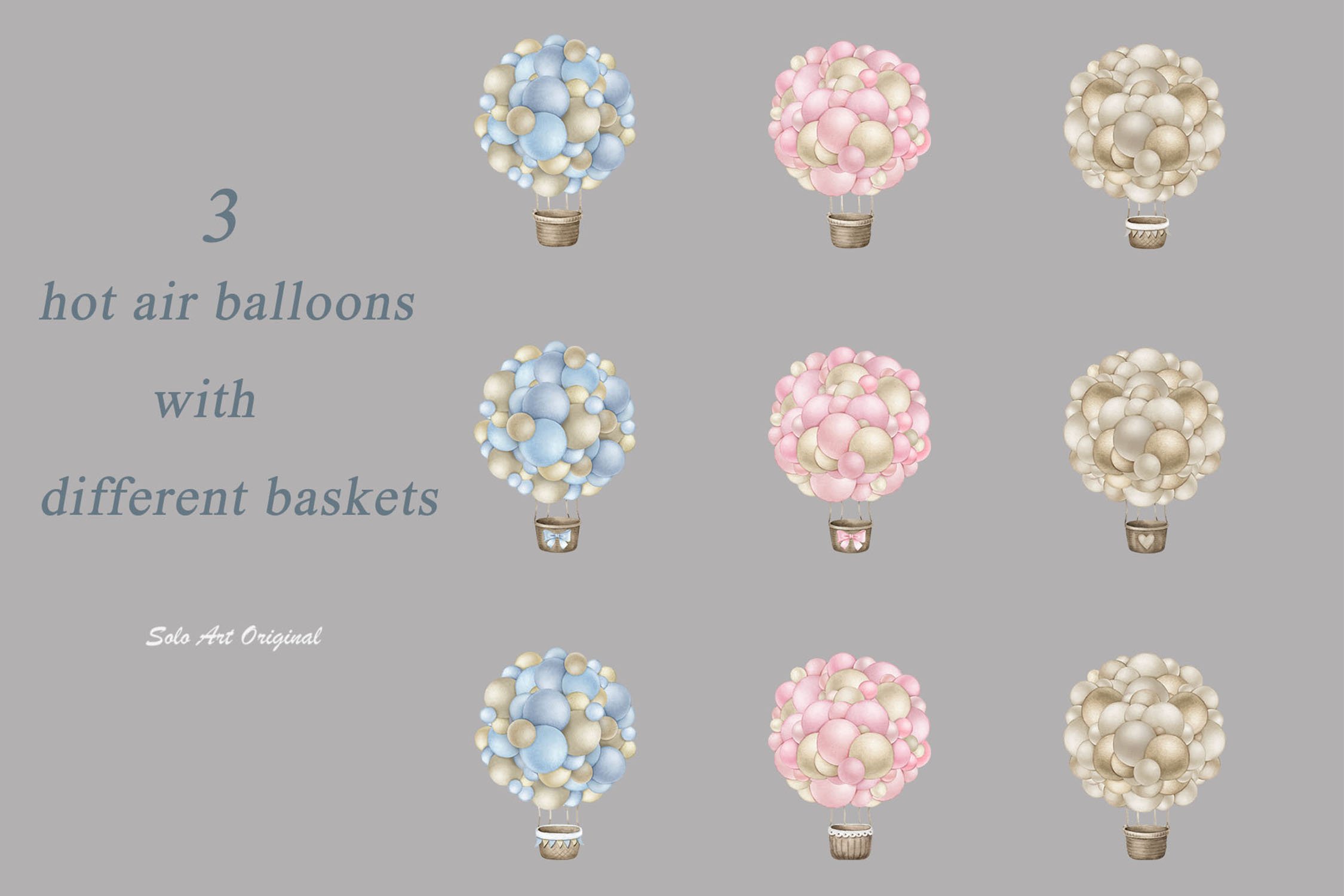 Diverse of delicate balloons on a grey background.
