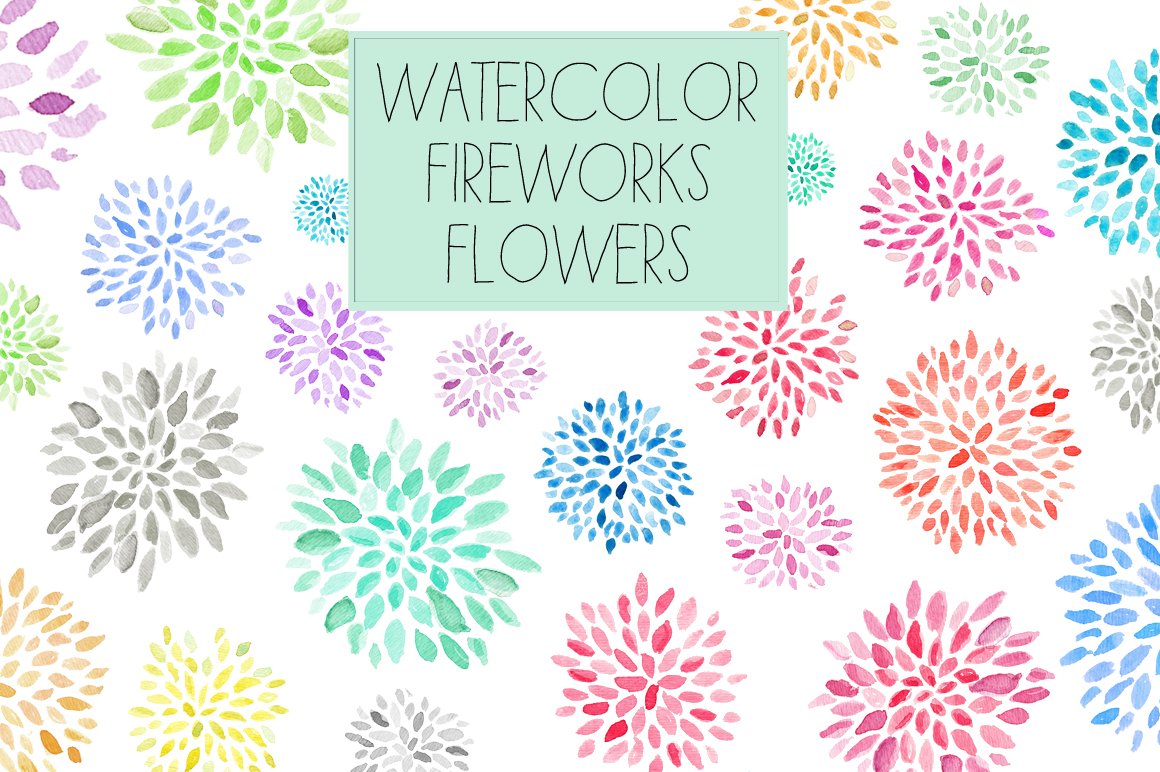 Black lettering "Watercolor Fireworks Flowers" on a blue frame and different firewotks flowers on a white background.