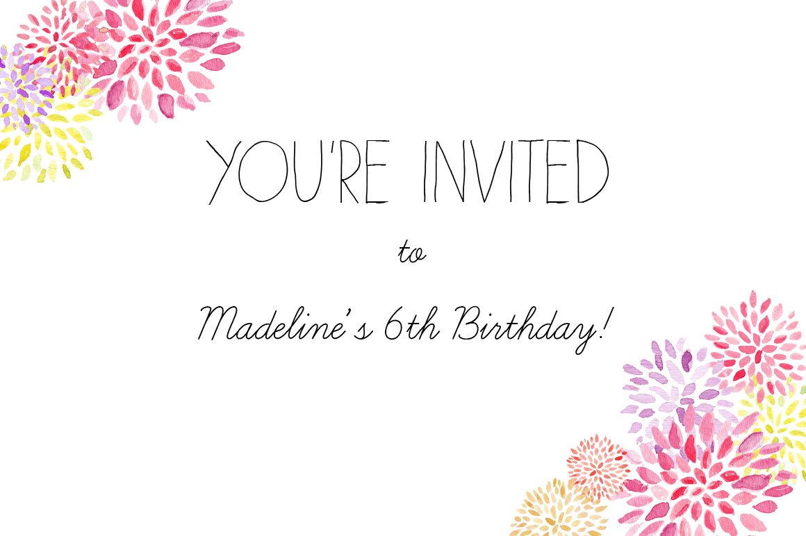 Black lettering "You're invited to Madeline's 6th Birthday!" on a white background with fireworks flowers.