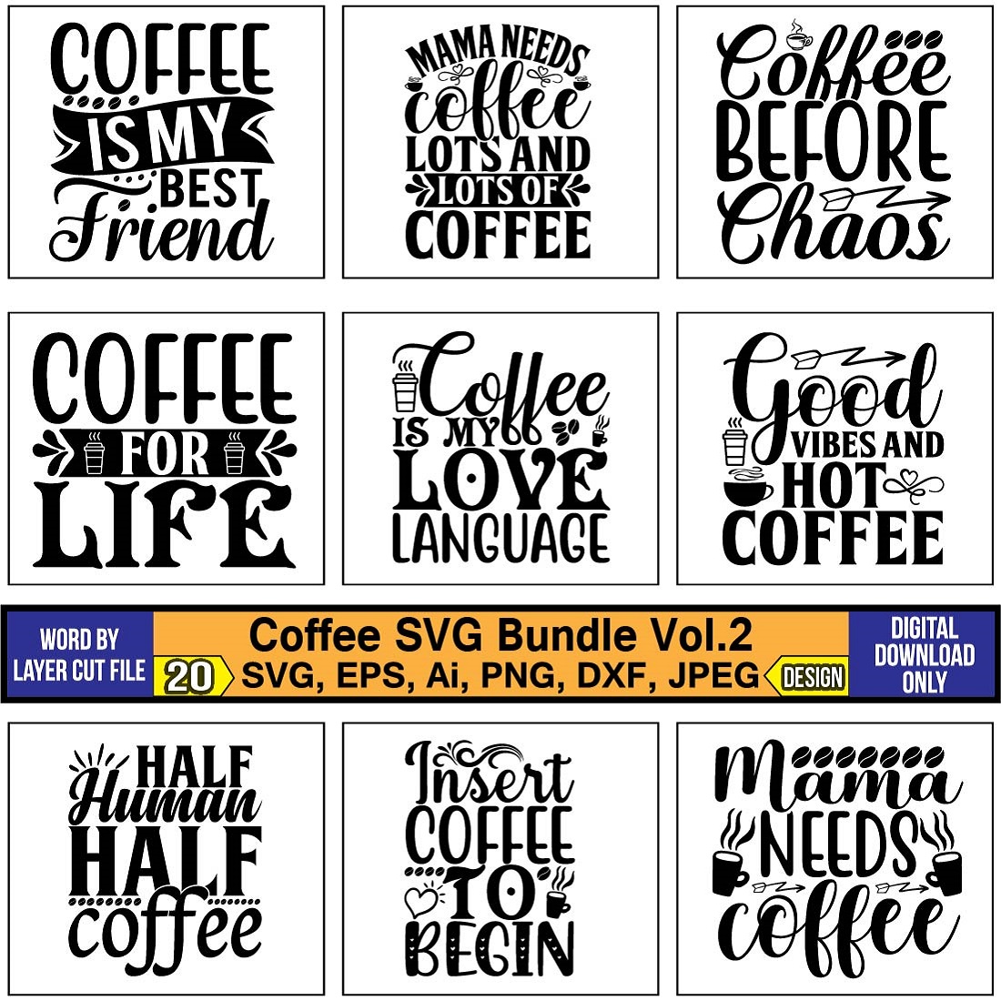 Coffee T-Shirt Typography SVG Design Bundle cover image.