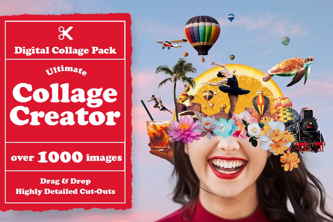 White lettering "Ultimate Collage Creator" on the red frame and illustration of a girl face with different elements.