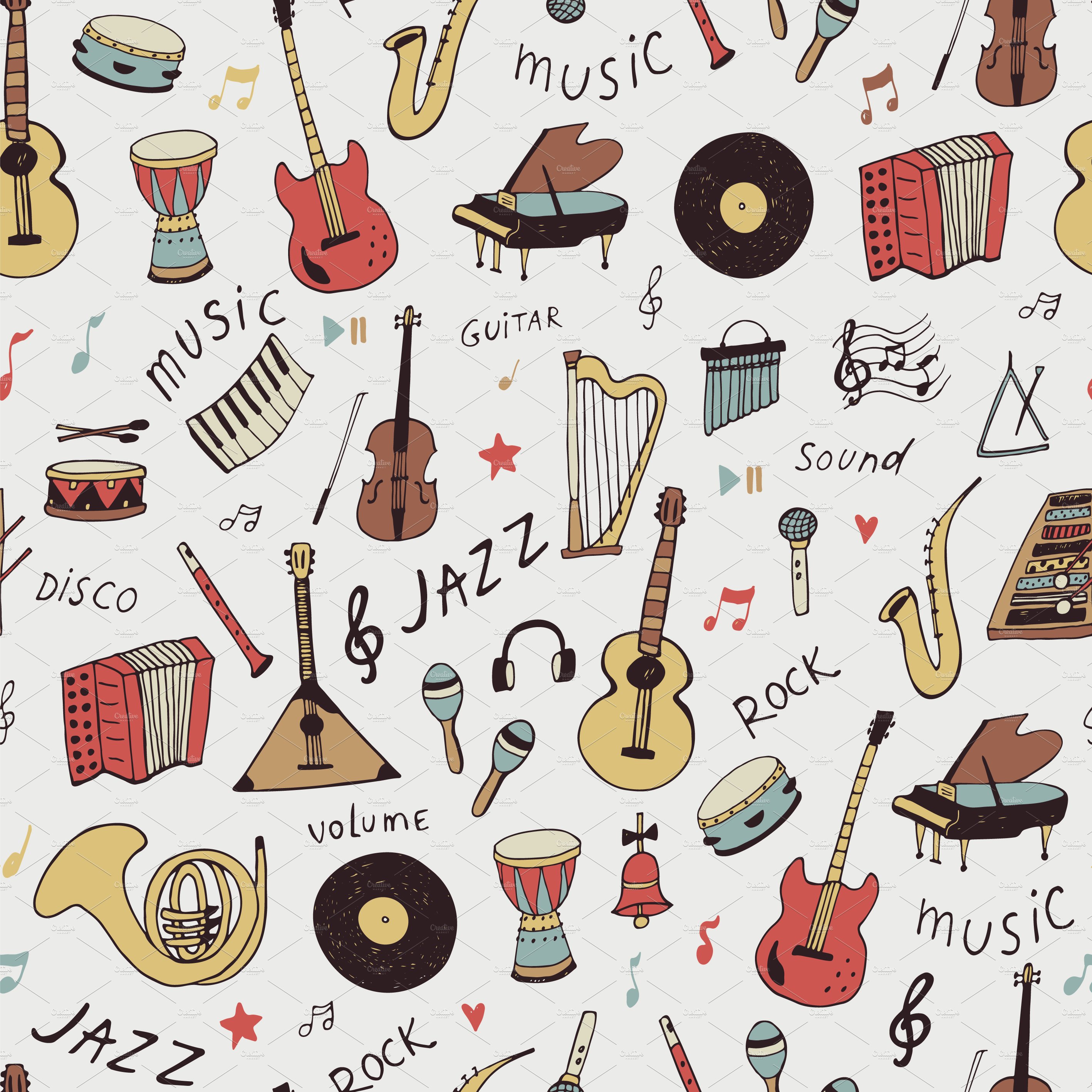 So colorful musical instruments in different styles.