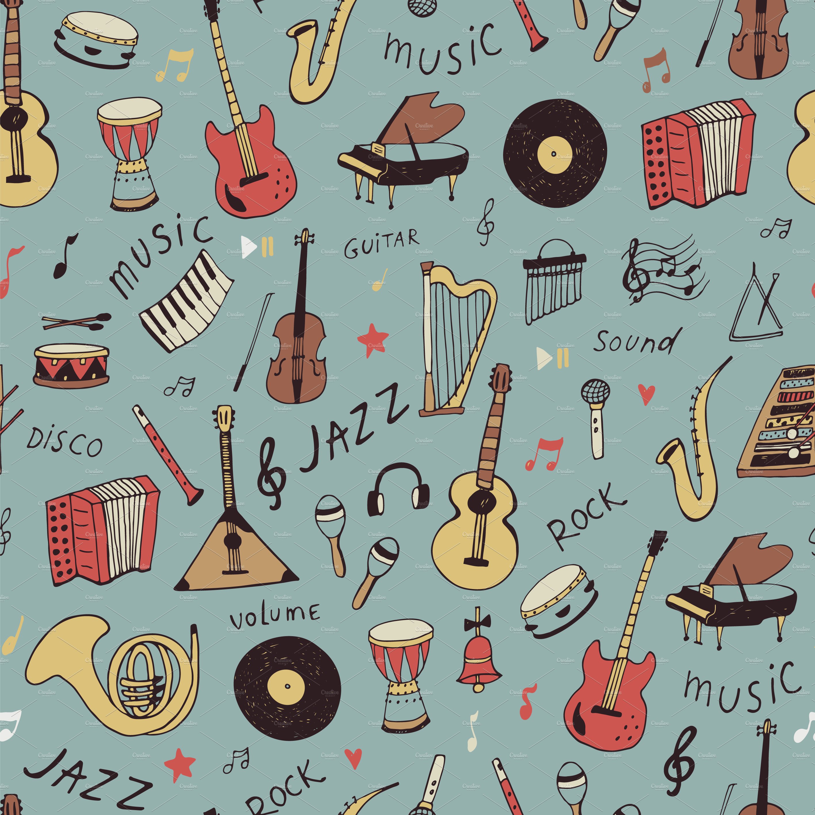 Warm turquoise background with small musical instruments.