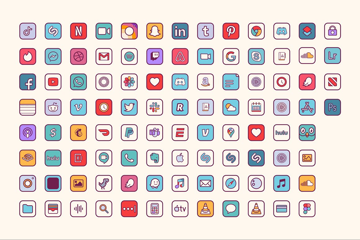 Colorful set of different icons of social media on a pink background.