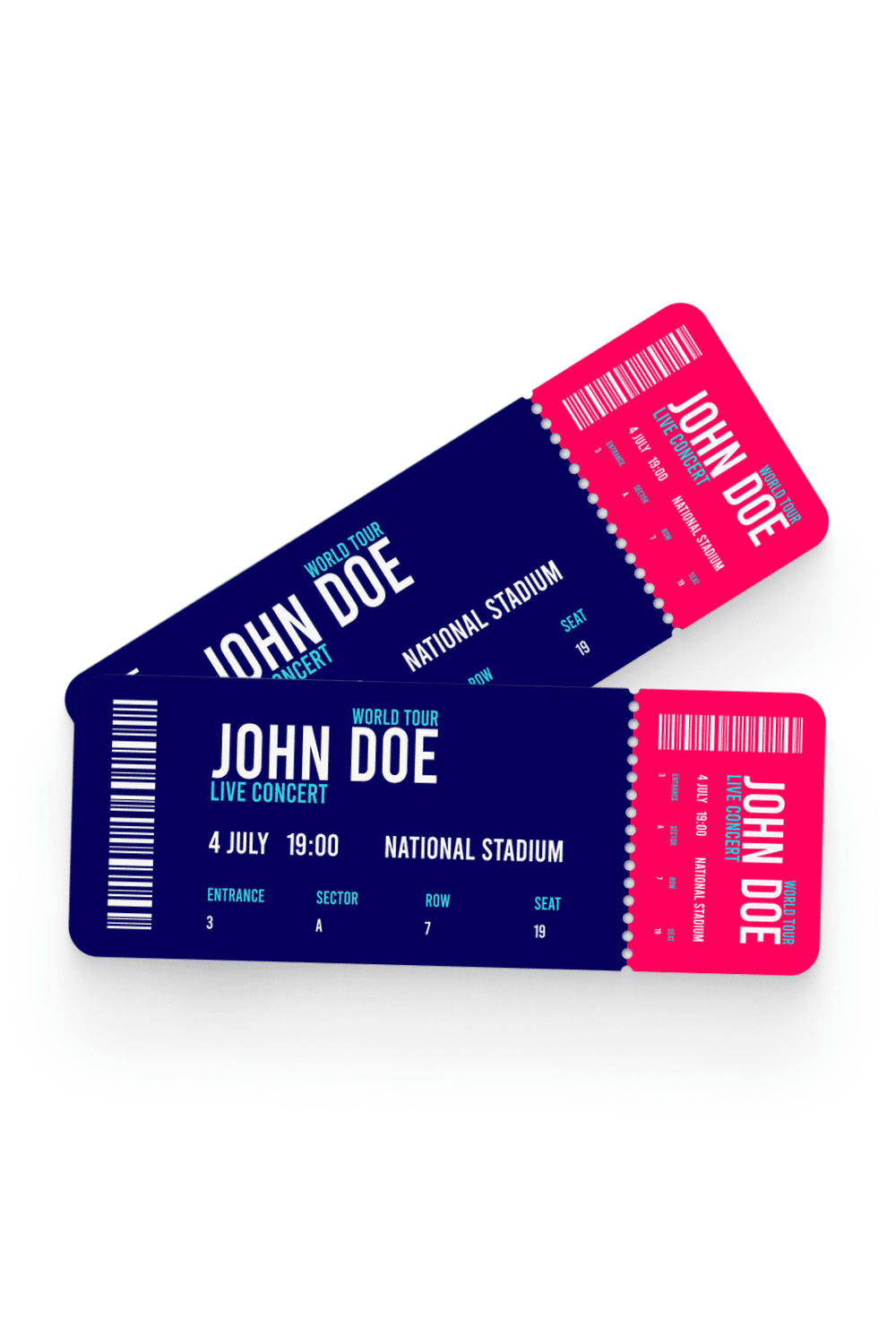 Two tickets in pink and blue colors.