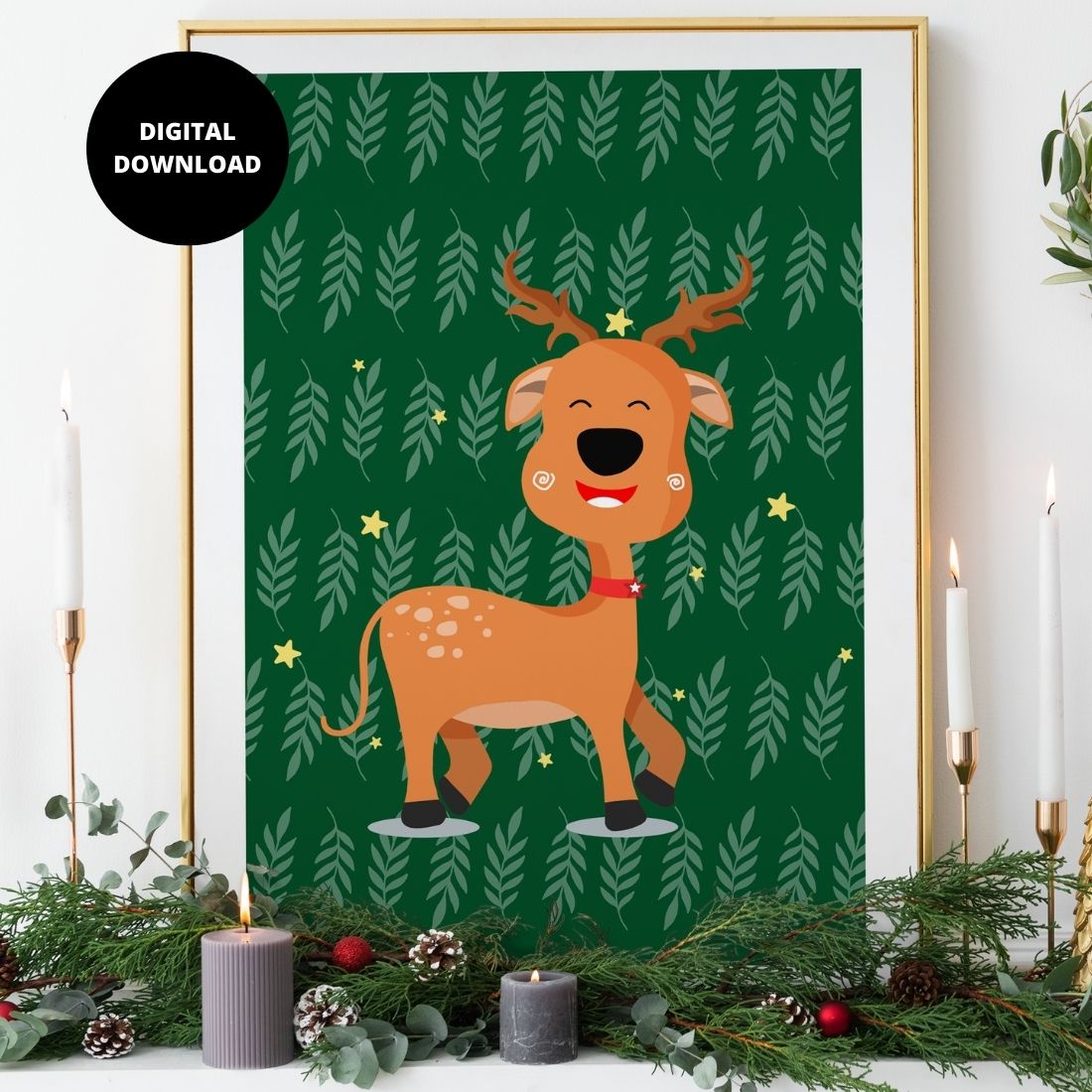 Green poster with a funny deer.